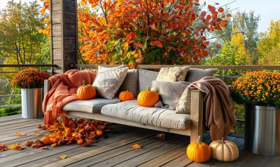 gemütliche terrasse im herbst abendstimmung