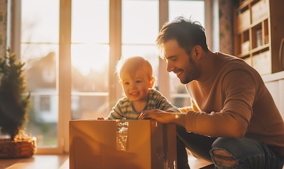 Vater Kind auspacken Kartons Neubau Eigenheim