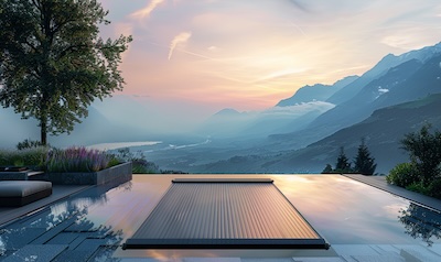 Automatische Poolabdeckung gleitet über ein Becken in einem Schweizer Garten