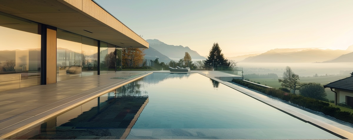 Moderner Pool mit automatischer Abdeckung in einem Schweizer Garten
