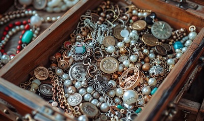 Alter Schmuck und Münzen aus einer Schublade werden bei der Haushaltsauflösung geprüft
